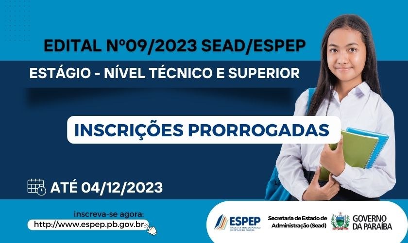 O EDITAL Nº009/2023/SEAD/ESPEP para estágio remunerado, não obrigatório, em cursos de Nível Técnico e Superior, com a oferta de 41 (quarenta e uma) vagas e a formação de cadastro de reserva de 123 (cento e vinte e três) vagas, nas áreas de: Técnico em Informática ou Suporte e Manutenção em Computadores, Administração, Arquitetura e Urbanismo, Arquivologia, Ciências Contábeis, Ciências Econômicas, Direito, Gestão Pública para exercício na Secretaria de Estado da Administração - SEAD.